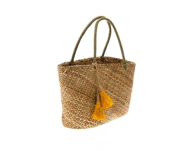A871-HANDWOVEN SEAGRASS TOTE BAG WITH RAFFIA STRAW TASSELS