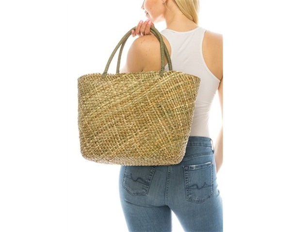 A872-HANDWOVEN SEAGRASS TOTE BAG WITH RAFFIA STRAW TASSELS