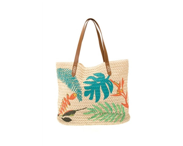 A868-CROCHET BEACH TOTE W/ TROPICAL EMBROIDERY
