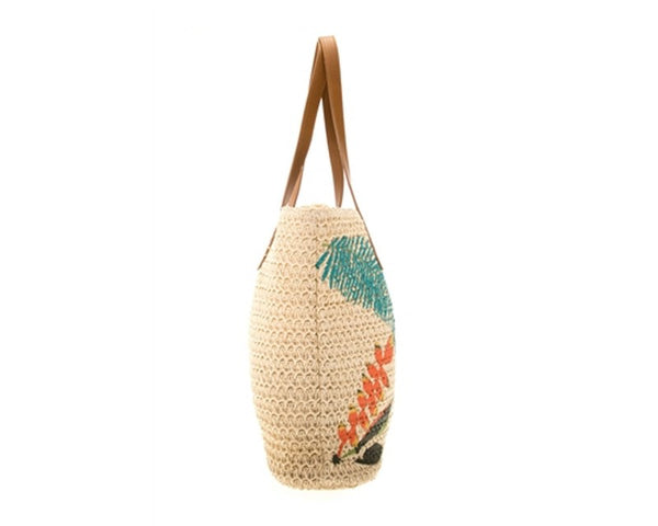 A868-CROCHET BEACH TOTE W/ TROPICAL EMBROIDERY
