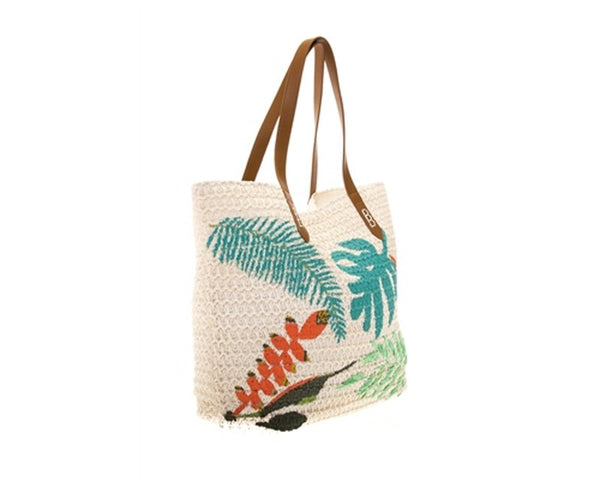 A868-CROCHET BEACH TOTE W/ TROPICAL EMBROIDERY