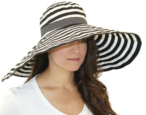 A298-EXTRA WIDE BRIM SUN HATS - STRIPED RIBBON HAT