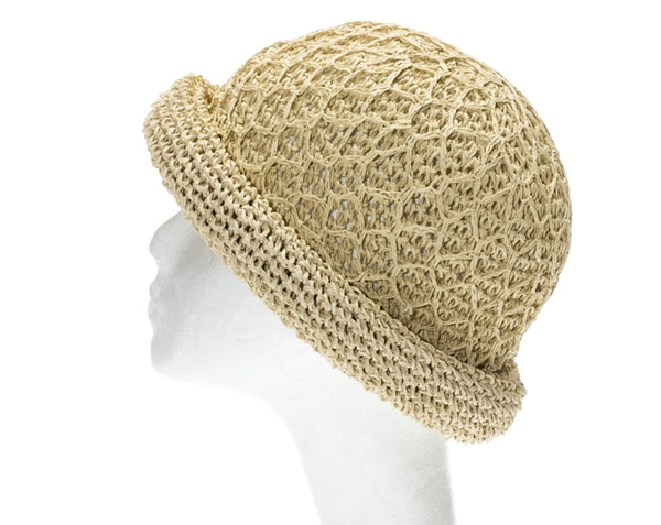 A482-HAND CROCHET ROLLED STRAW CLOCHE HAT