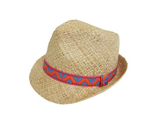 A595-RAFFIA FEDORA WITH FUCHSIA-ORANGE TRIBAL BAND