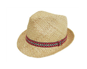 A594-RAFFIA FEDORA WITH FUCHSIA-ORANGE TRIBAL BAND