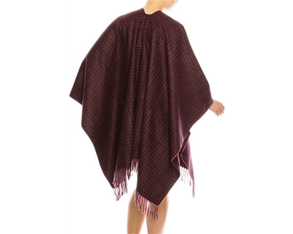 A760-COZY PLAID PONCHO W/ FRINGE