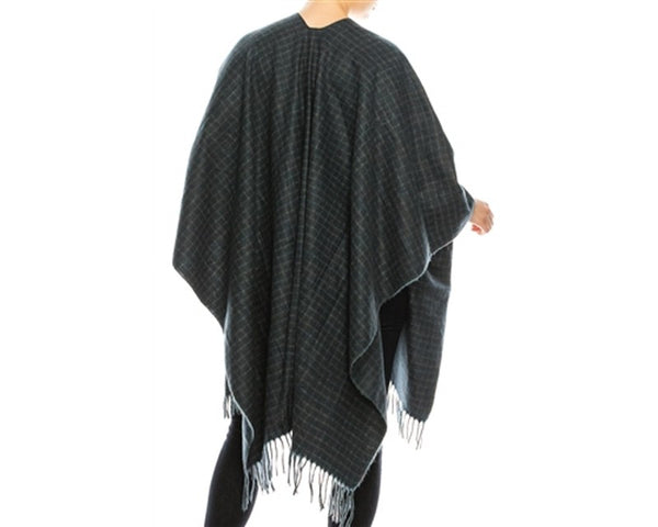 A760-COZY PLAID PONCHO W/ FRINGE