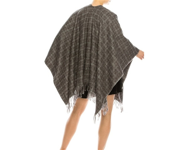 A760-COZY PLAID PONCHO W/ FRINGE