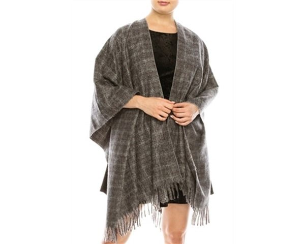 A760-COZY PLAID PONCHO W/ FRINGE