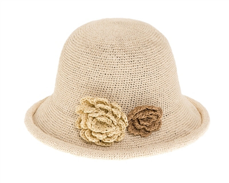 A753-FINE CROCHET STRAW CLOCHE HAT - FANCY FLOWERS