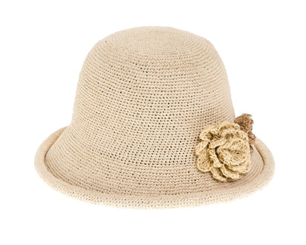 A753-FINE CROCHET STRAW CLOCHE HAT - FANCY FLOWERS