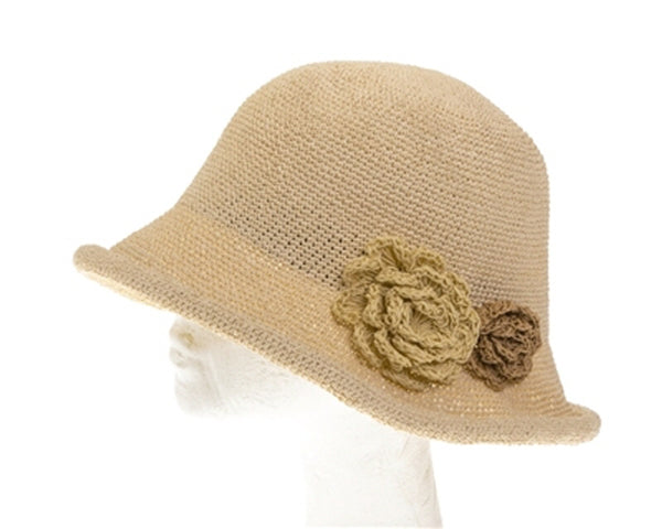 A753-FINE CROCHET STRAW CLOCHE HAT - FANCY FLOWERS