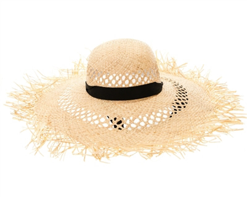 A392-FRAYED EDGE RAFFIA BEACH HAT W/ SASH