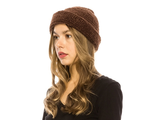 A028-BROWN CHENILLE WATCH CAP BEANIE