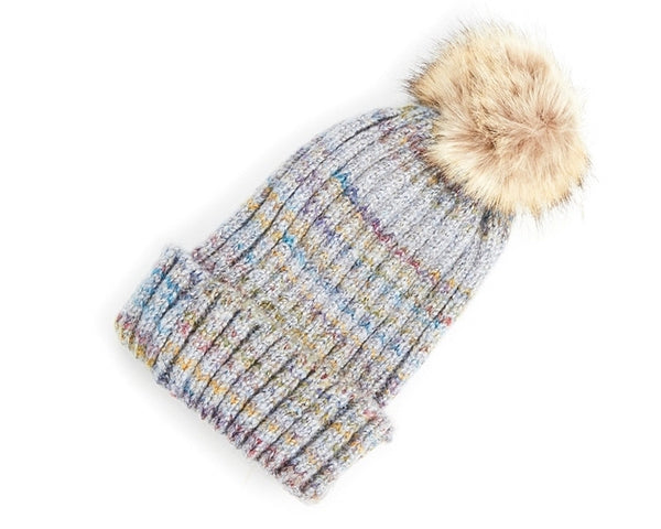 A035-SPACE DYED FUR POM KNIT BEANIE