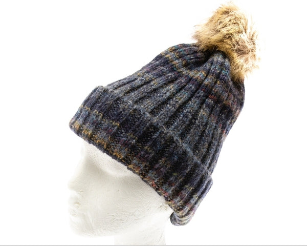 A035-SPACE DYED FUR POM KNIT BEANIE