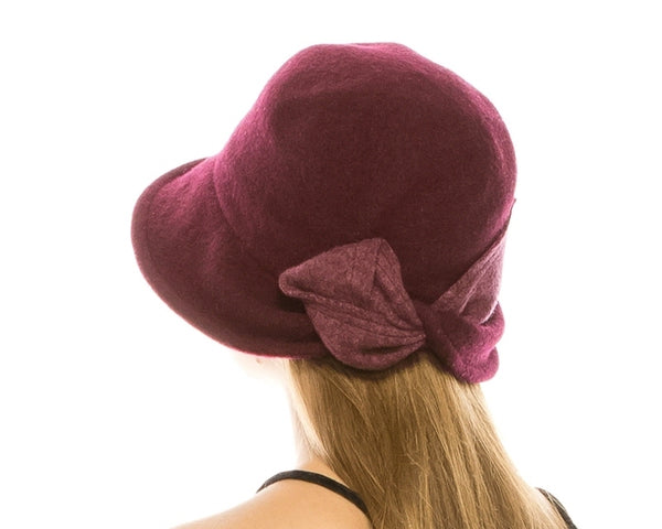 A080-SHAPEABLE WOOL BUCKET CLOCHE W/ MARLED BOW