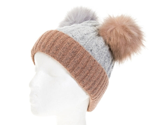 A094-2 TONE DOUBLE FUR POM BEANIE