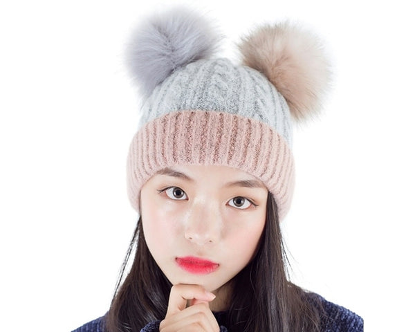 A094-2 TONE DOUBLE FUR POM BEANIE