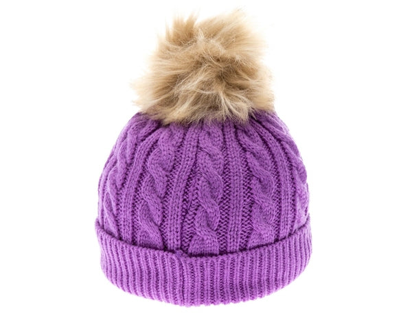 A100-KID'S FUR POM CABLE KNIT BEANIE - NEW POP COLORS