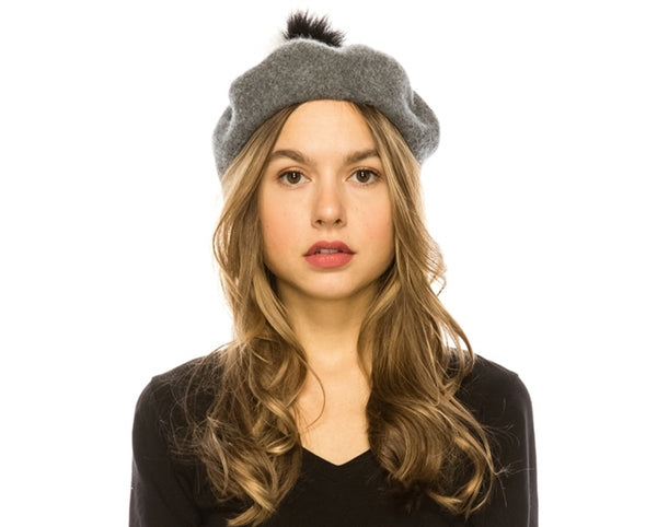 A197-2 TONE FUR POM WOOL BERET