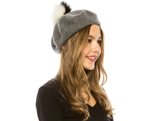 A197-2 TONE FUR POM WOOL BERET