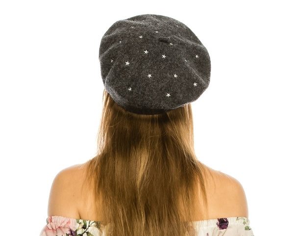 A232-STAR EMBROIDERY WOOL BERET