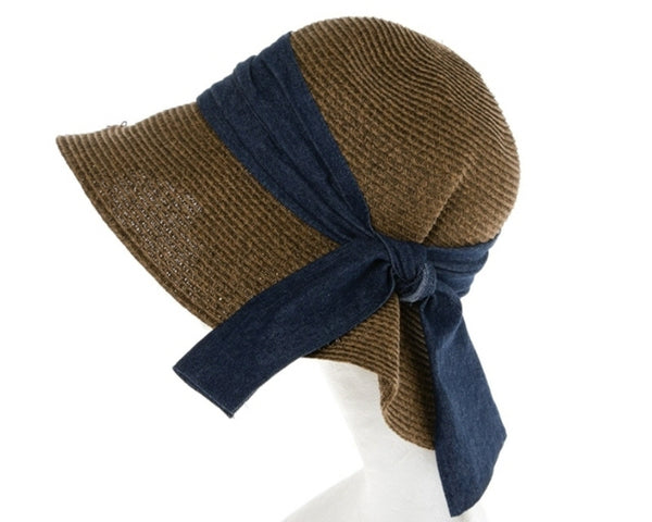 A348-LAMPSHADE HAT W/ SIDE FOLD + DENIM SASH