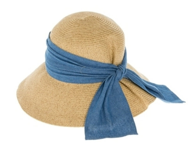 A348-LAMPSHADE HAT W/ SIDE FOLD + DENIM SASH