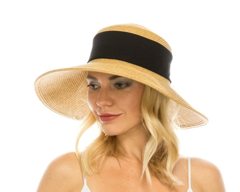 A376-COLLAPSIBLE STRAW HAT W/ FABRIC BAND