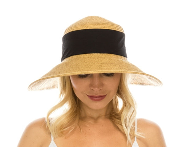 A376-COLLAPSIBLE STRAW HAT W/ FABRIC BAND