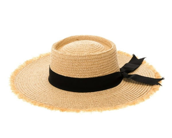 A379-FRAYED EDGE RAFFIA HAT W/ BLACK RIBBON