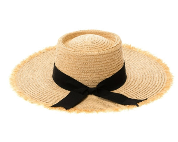 A379-FRAYED EDGE RAFFIA HAT W/ BLACK RIBBON