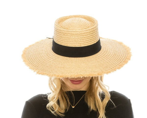 A379-FRAYED EDGE RAFFIA HAT W/ BLACK RIBBON