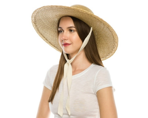 A383-STIFF BRIM STRAW HAT W/ CHIN RIBBON