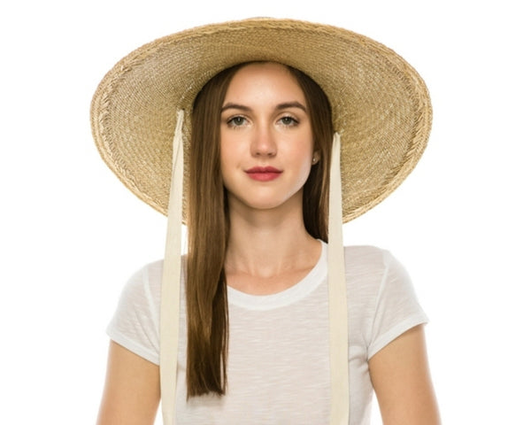 A383-STIFF BRIM STRAW HAT W/ CHIN RIBBON