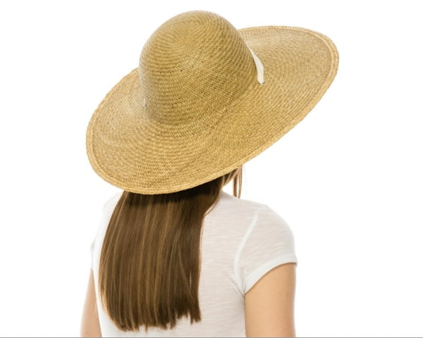 A383-STIFF BRIM STRAW HAT W/ CHIN RIBBON