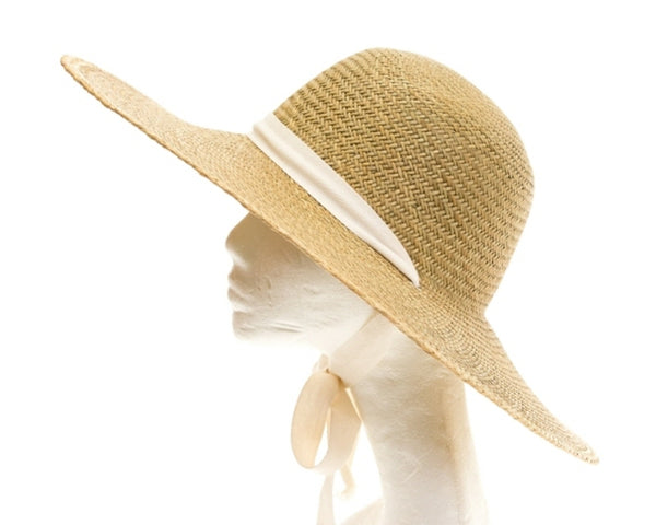 A383-STIFF BRIM STRAW HAT W/ CHIN RIBBON