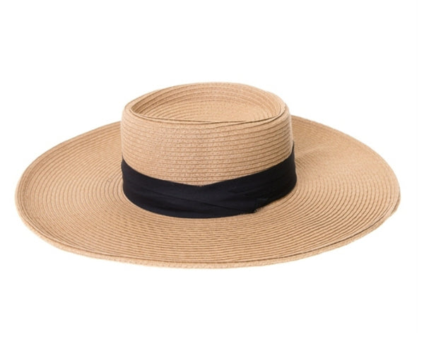 A385-WIDE BRIM STRAW GAMBLER W/ BLACK BAND