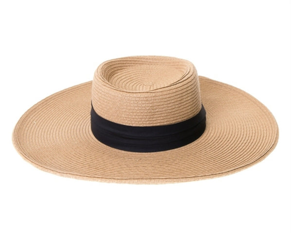 A385-WIDE BRIM STRAW GAMBLER W/ BLACK BAND