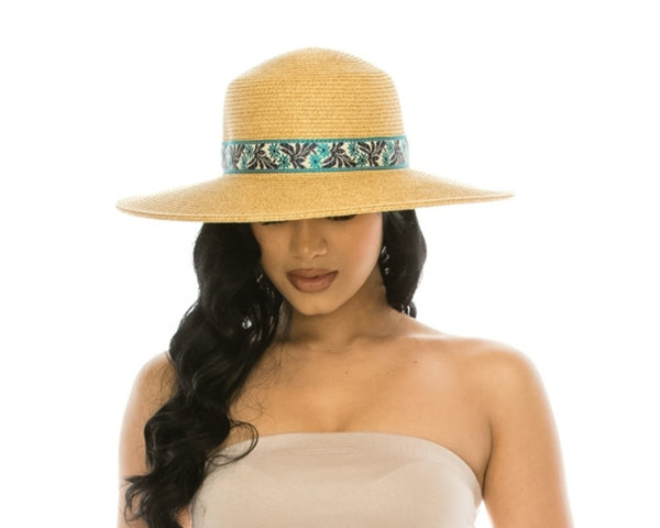 A387-SUN HAT W/ FLORAL JACQUARD BAND