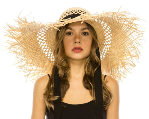 A392-FRAYED EDGE RAFFIA BEACH HAT W/ SASH