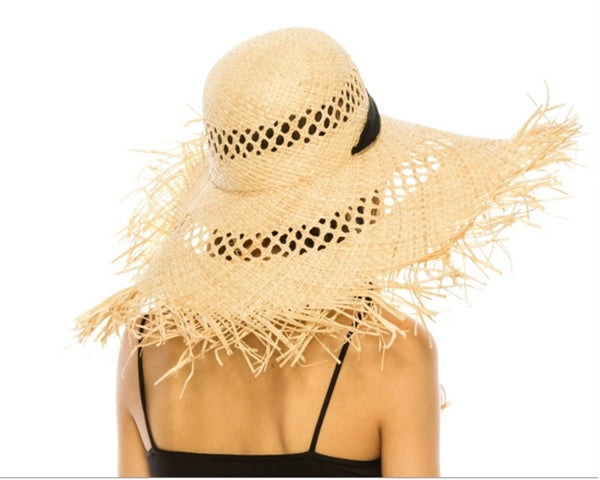 A392-FRAYED EDGE RAFFIA BEACH HAT W/ SASH