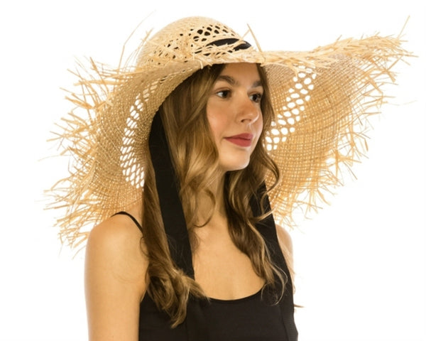 A392-FRAYED EDGE RAFFIA BEACH HAT W/ SASH