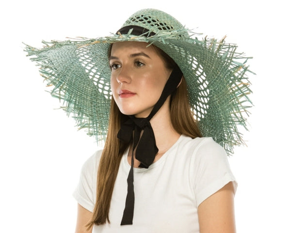 A392-FRAYED EDGE RAFFIA BEACH HAT W/ SASH