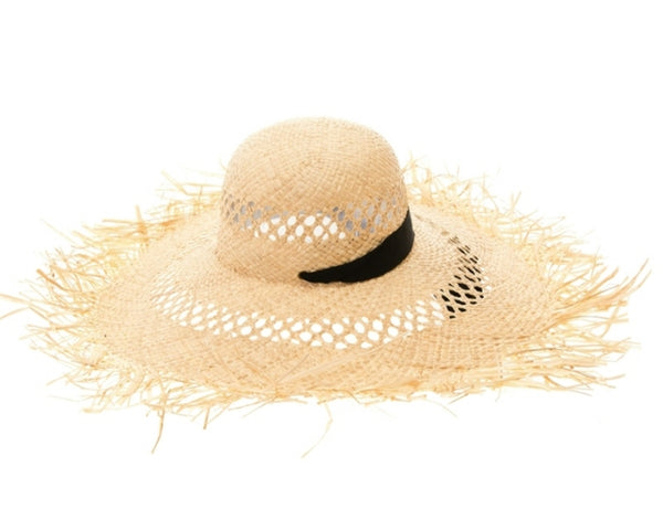 A392-FRAYED EDGE RAFFIA BEACH HAT W/ SASH