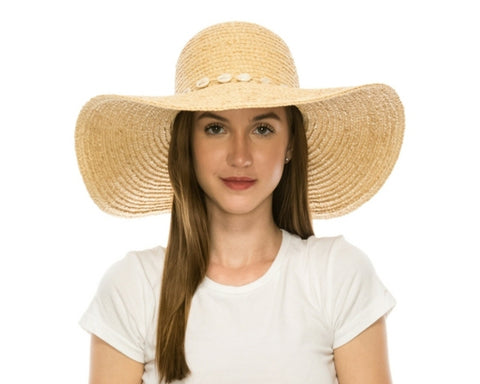 A393-RAFFIA BEACH HAT W/ SHELL TRIM