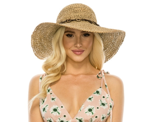 A399-SEAGRASS STRAW CROCHET SUN HAT WITH BEADS