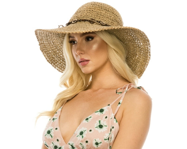 A399-SEAGRASS STRAW CROCHET SUN HAT WITH BEADS