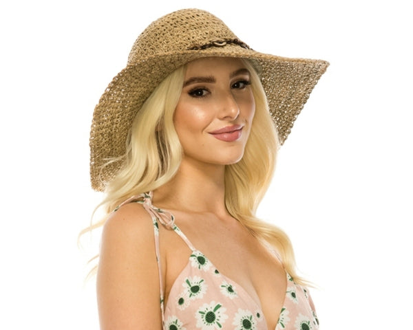 A399-SEAGRASS STRAW CROCHET SUN HAT WITH BEADS